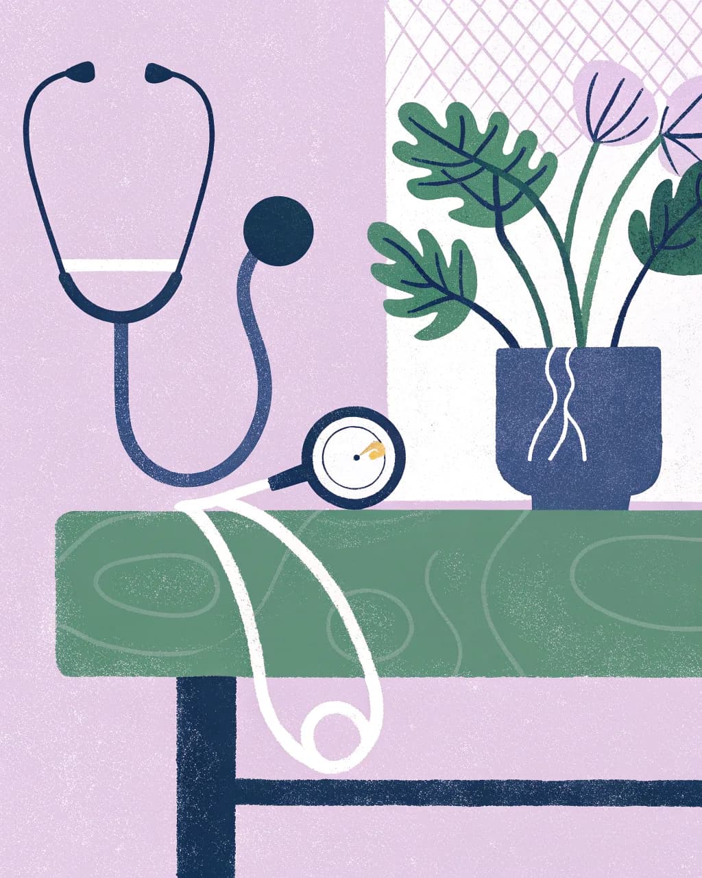 Illustration of a stethoscope and blood pressure cuff on a table beside a plant