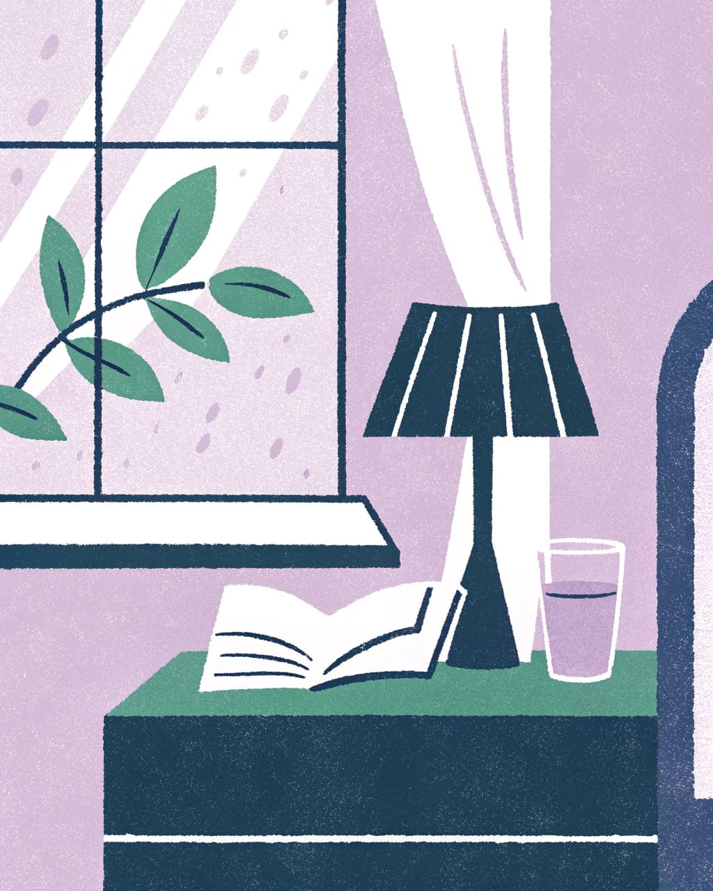 Illustration of a bedside table with an open book, lamp and glass of water by a window