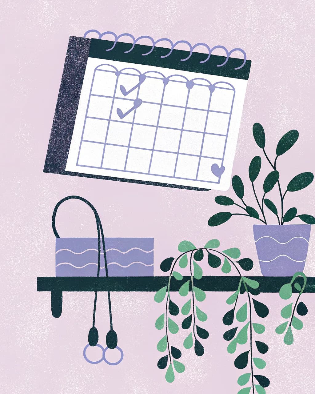 Illustration of a wall calendar with checkmarks above a shelf with plants and a cuff