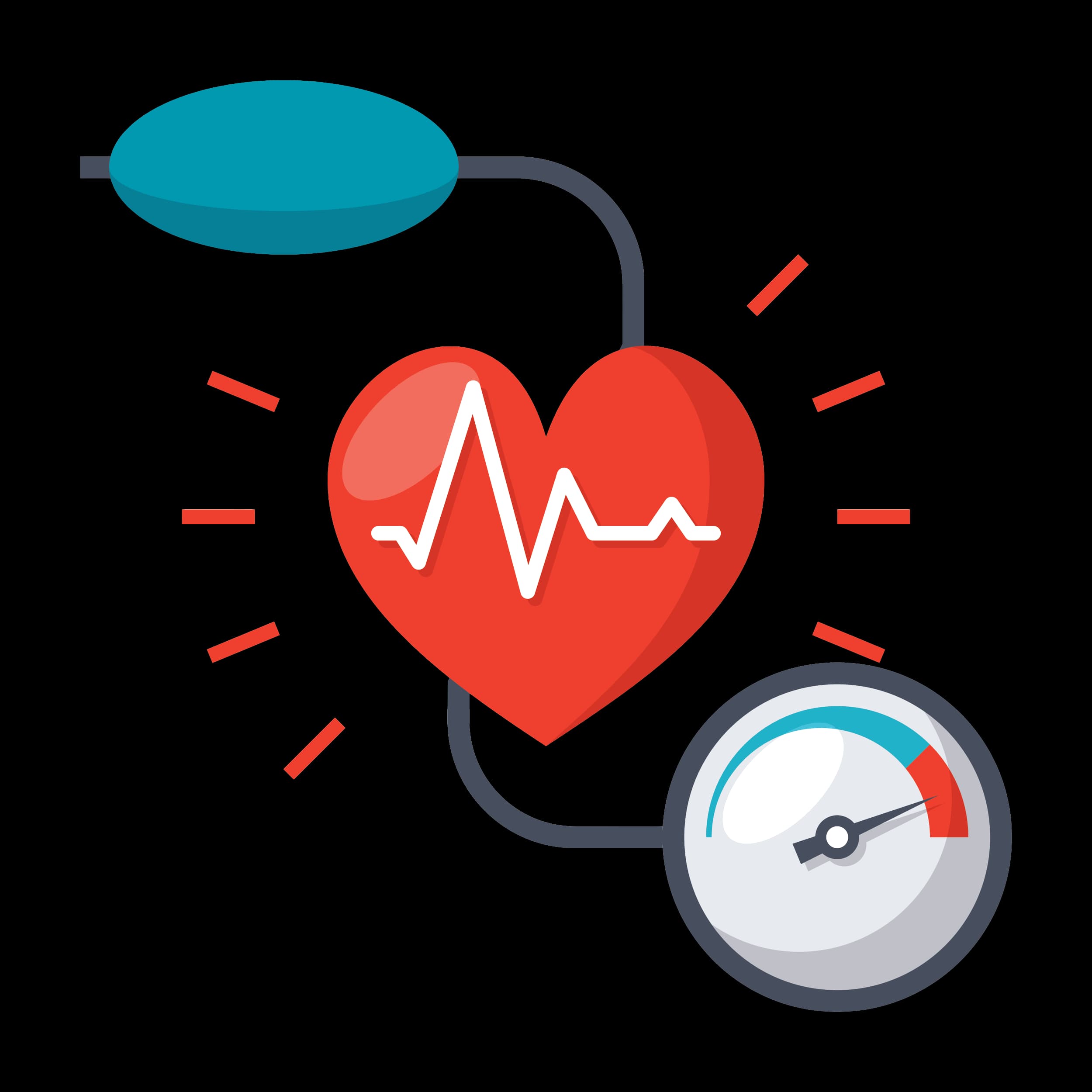 Illustration of a heart connected to a heart rate monitor and a blood pressure gauge, with the heart showing a heartbeat line.