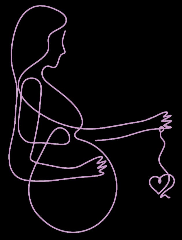 Line drawing of a pregnant woman holding a heart-shaped object connected to a string, with her head bowed and eyes closed.