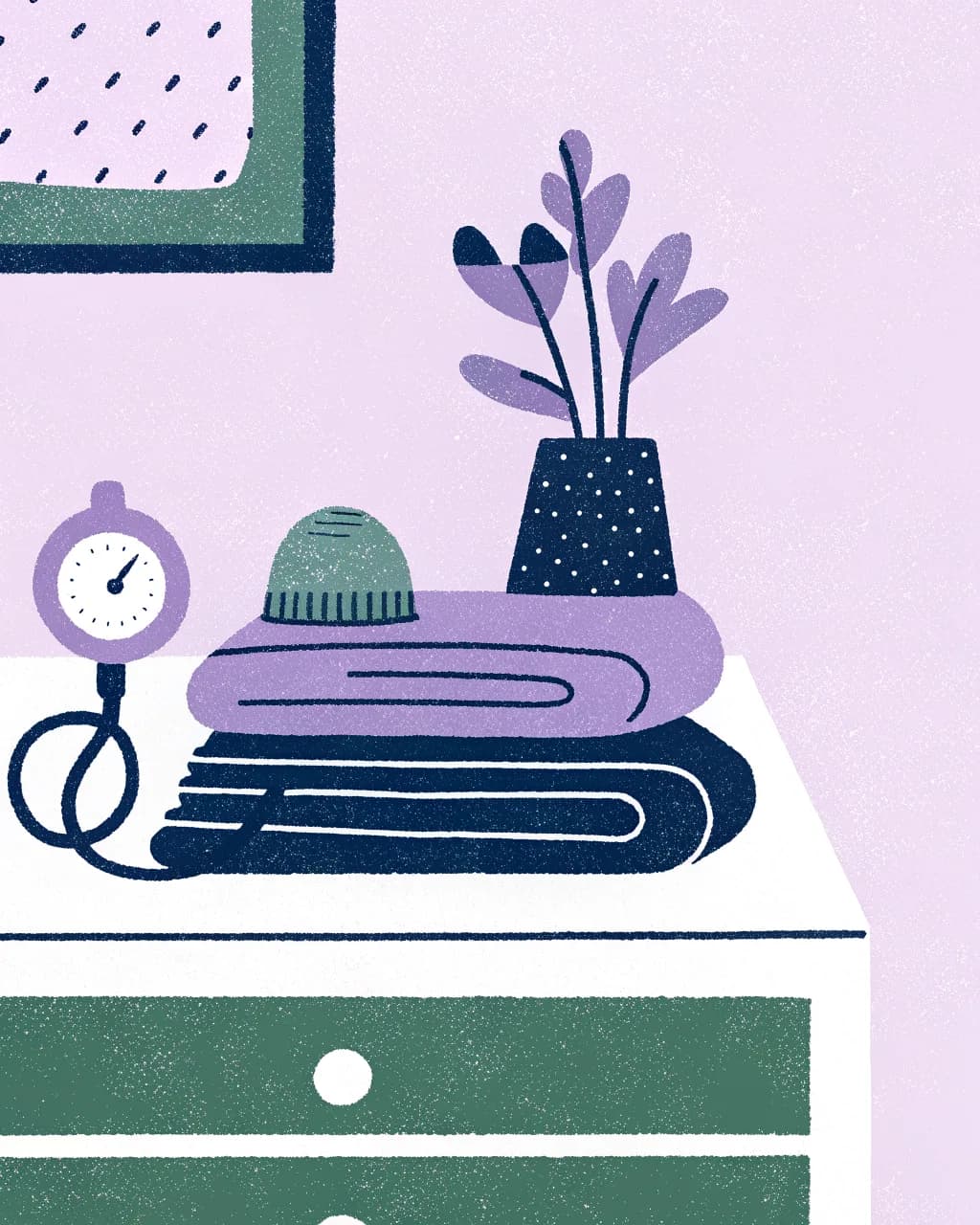 Illustration of folded baby blankets and a knitted hat on a nightstand with a cuff