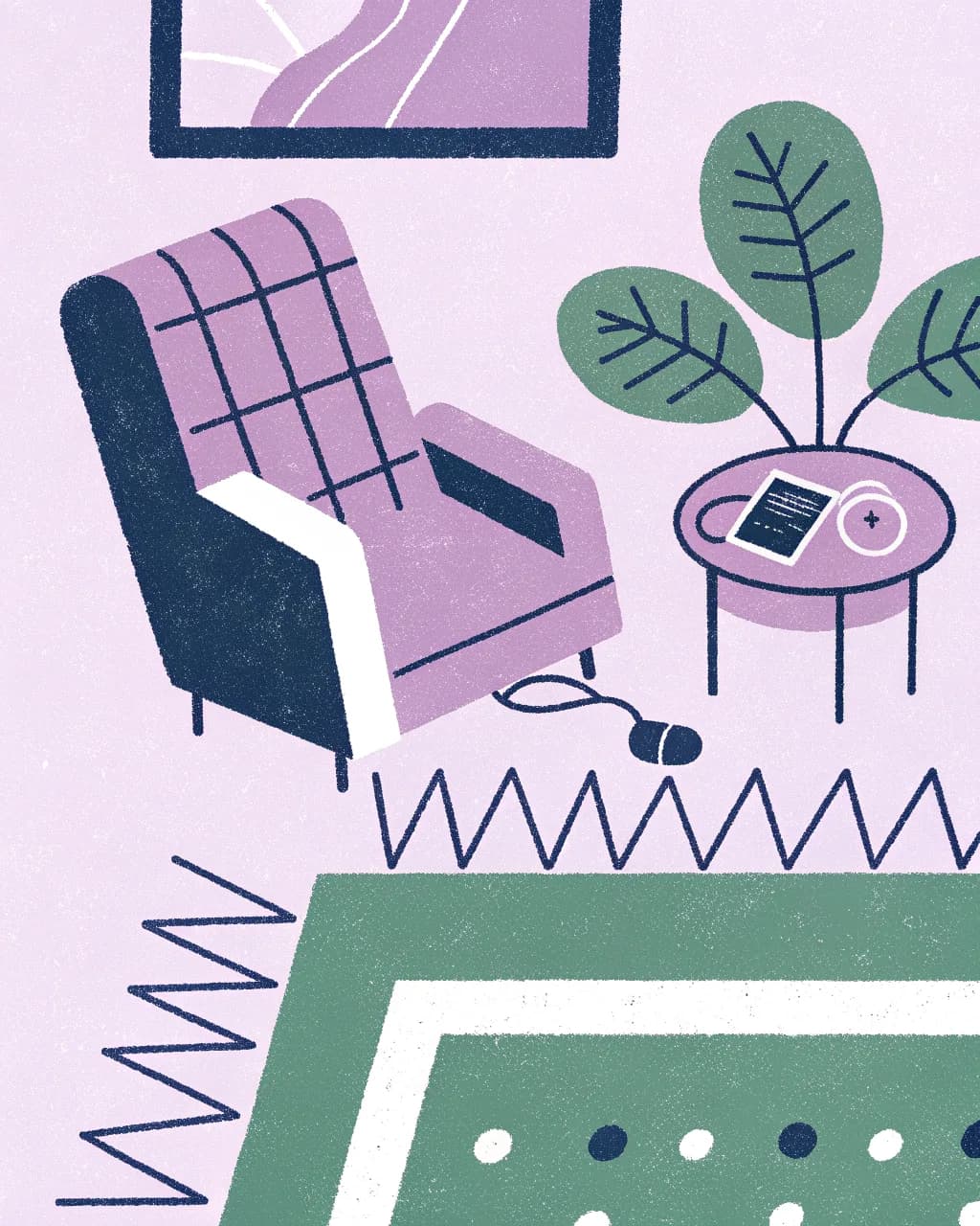 Illustration of an armchair beside a side table with a blood pressure cuff