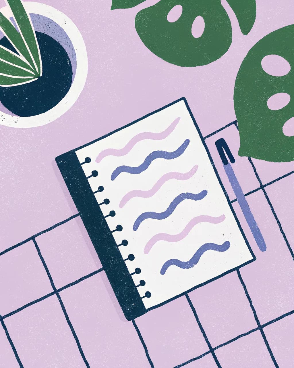 Illustration of a spiral notebook and pen on a desk beside houseplants
